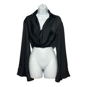 Alice Elle Love Drunk Blouse Size 6 Black Satin Draped Cowl Neck Cropped Top